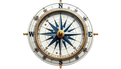 A detailed, stylized compass with a dark blue star-shaped pointer and golden accents