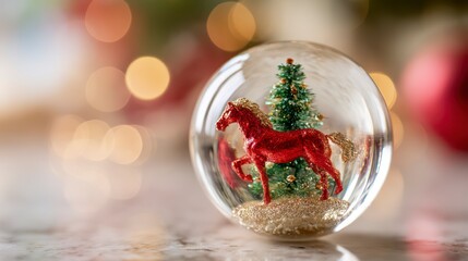 An extreme macro photograph of a clear glass ornament. Within the sphere, a miniature, bright green decorated holiday tree