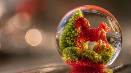 An extreme macro photograph of a clear glass ornament. Within the sphere, a miniature, bright green decorated holiday tree