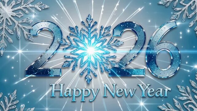 Happy New Year 2026 celebration with elegant snowflakes and glittering stars for festive winter holidays