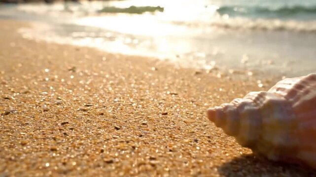 Intricate details of a conch shell's surface, highlighting its natural spiral geometry and weathered textures found along a serene coastline. Close up, focusing on the shell's natural patterns and?