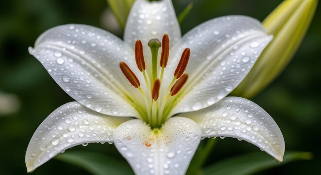 Close up of a white lily with water droplets on the petals and a blurred green background outdoor view - Powered by Adobe