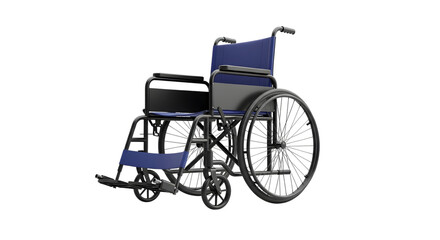 Blue fabric wheelchair with black metal frame and large spoked wheels isolated on a transparent background