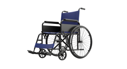 Blue fabric wheelchair with black metal frame and large spoked wheels isolated on a transparent background