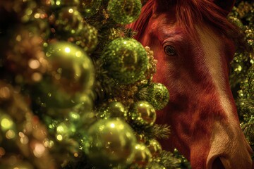 Close-up on a grand, lush New Year tree, meticulously decorated with only shimmering lime green baubles and sparkling green lights