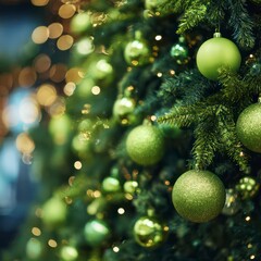 Close-up of a magnificent, full Christmas tree, adorned exclusively with glossy lime green baubles, sparkling green tinsel