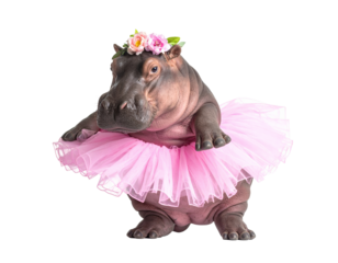 A hippo in a pink skirt and with a flower crown on her head isolated on transparent background.