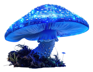 Luminescent mushroom with striking blue cap and gills emerging from a dark, mossy base