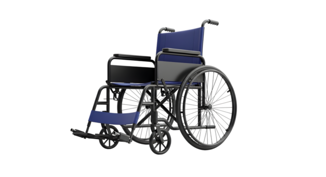 Blue fabric wheelchair with black metal frame and large spoked wheels isolated on a transparent background