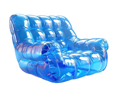 Digitally rendered transparent blue inflatable armchair against a black background