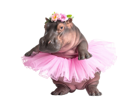 A hippo in a pink skirt and with a flower crown on her head isolated on transparent background.