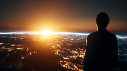 Fototapeta premium A man stands in silhouette against the breathtaking view of a sunset over a vibrant cityscape, illuminated by thousands of sparkling lights. The man gazes at the vast horizon, wher