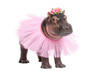 A hippo in a pink skirt and with a flower crown on her head isolated on transparent background.