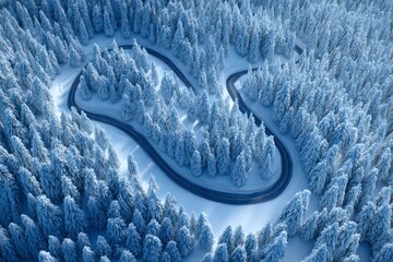 Top-down perspective, bird's eye view, pristine white mountain landscape, dense evergreen forest