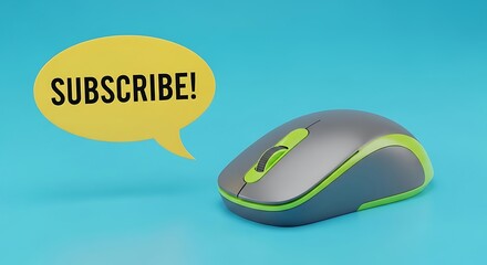 Computer mouse with a speech bubble saying subscribe on a blue background, encouraging online engagement