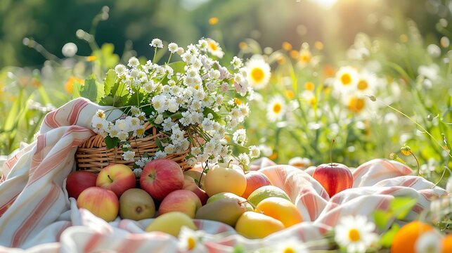 Still life of fruit and flowers in a basket on a blanket in a field on a sunny day outdoors