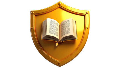 A gold shield icon featuring an open book, reflecting the concept of knowledge protection