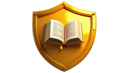 A gold shield icon featuring an open book, reflecting the concept of knowledge protection
