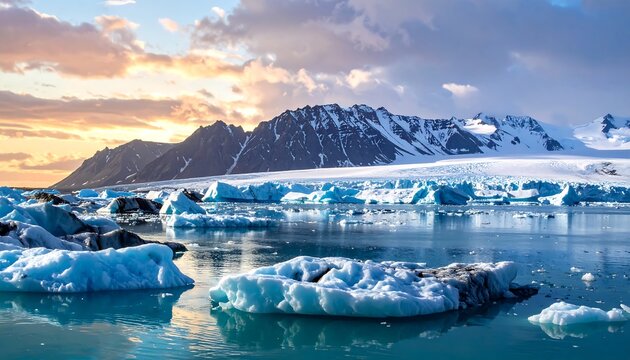 Scenic vista featuring a glacier lagoon, icebergs, distant snow-capped mountains under a vibrant sunset sky - Powered by Adobe