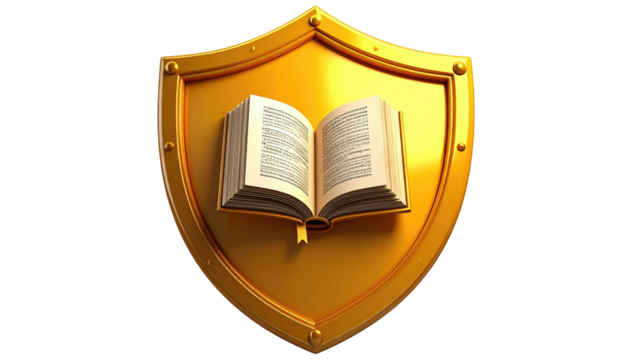 A gold shield icon featuring an open book, reflecting the concept of knowledge protection