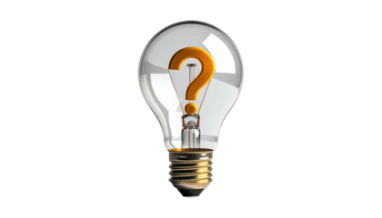 A lightbulb with a prominent question mark, indicating ideas and inquiries