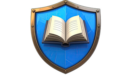Cartoon illustration featuring an open book set inside a blue shield against a black backdrop