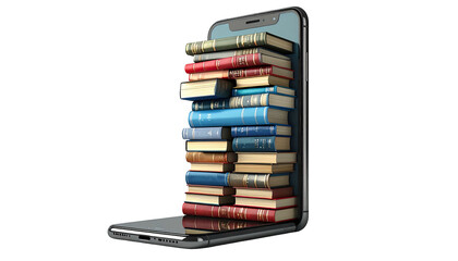 Stack of colorful hardcover books emerging from a modern smartphone's screen, dark backdrop