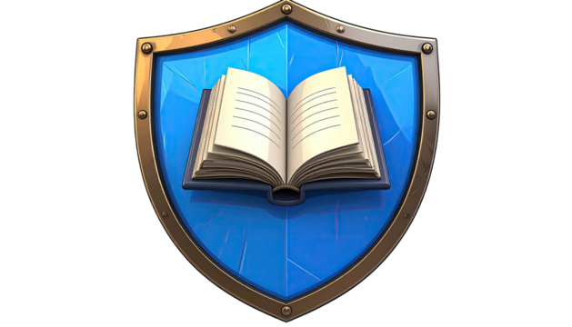 Cartoon illustration featuring an open book set inside a blue shield against a black backdrop