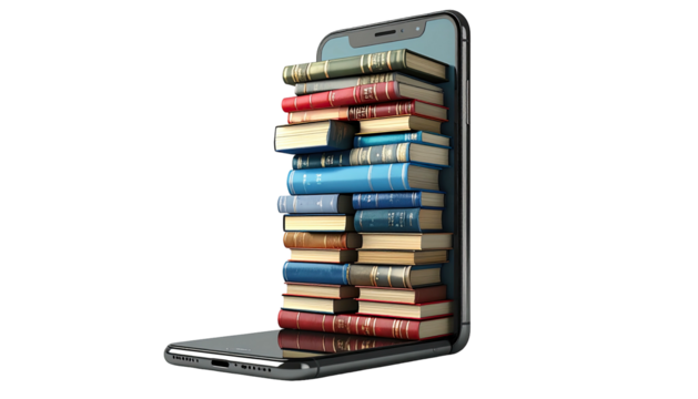 Stack of colorful hardcover books emerging from a modern smartphone's screen, dark backdrop