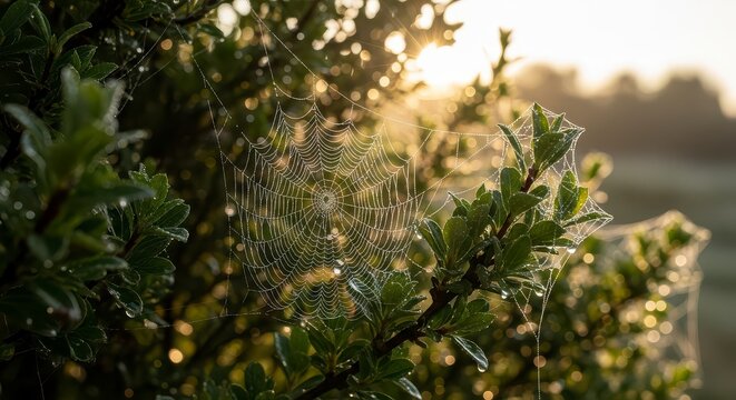 Spiderweb covered in dew drops hanging between green leaves on a sunny morning in the countryside - Powered by Adobe