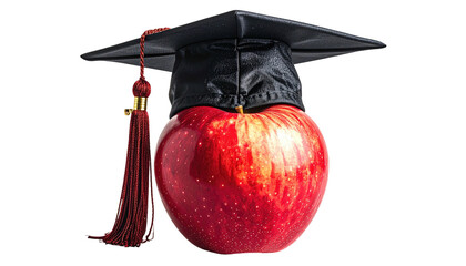 A red apple wearing a graduation cap with a tassel, set against a transparent background