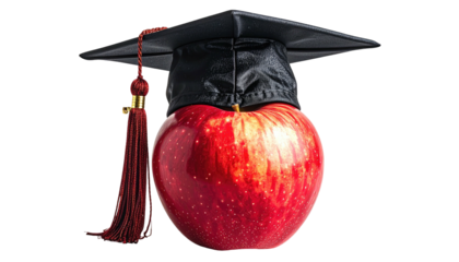 A red apple wearing a graduation cap with a tassel, set against a transparent background