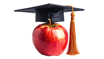A ripe red apple with a graduation cap. The tassel dangles. A study-related conceptual illustration