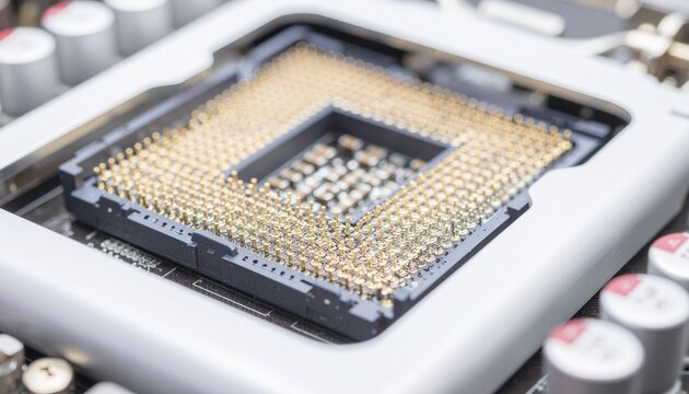 Close up of a modern CPU socket on a motherboard, perfect for tech enthusiasts and computer repair businesses needing engaging visuals for their work