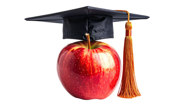 A ripe red apple with a graduation cap. The tassel dangles. A study-related conceptual illustration