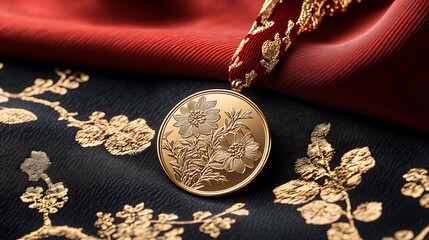 Gold medal with floral design on fabric.