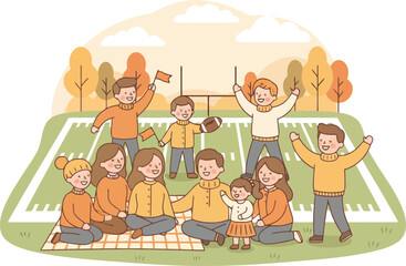 Fototapeta premium Family enjoying a picnic at a football game, cheering and having fun together.