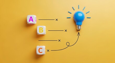 Conceptual illustration of idea generation with abc blocks leading to a glowing blue lightbulb on a yellow background
