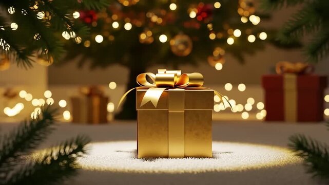 Golden gift box under a Christmas tree with glowing lights. Celebration present for holiday season. Christmas gift for advertisement.