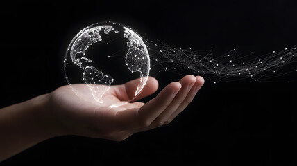 Close up of a human hand cupped upwards with a clear water bubble forming and splashing outwards against a dark background