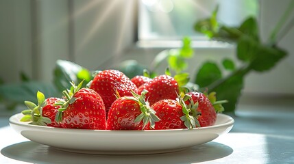 Close up of a white plate filled with fresh ripe strawberries near a window with natural sunlight