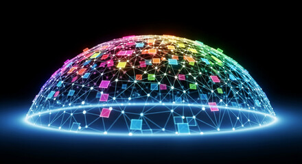Network dome with glowing connection, composed of square node and lines, showing global communication, data transfer, modern network technology