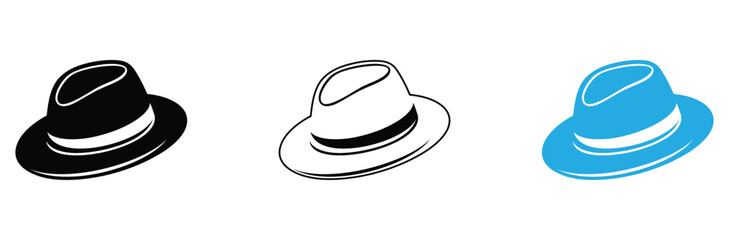 Classic fedora hat icons, black, outline, and blue create a timeless style statement, perfect for fashion blogs, vintage designs, or creative projects