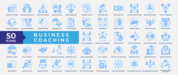 Business coaching icon set, containing communication, skills, executive, solution, training, mentoring, problem solving, adaptability, business acumen and strategy. Simple Blue Vector Illustration.