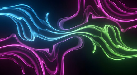 Abstract flowing neon light waves in pink, blue, and green on a dark background.