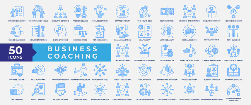 Business coaching icon set, containing communication, skills, executive, solution, training, mentoring, problem solving, adaptability, business acumen and strategy. Simple Blue Vector Illustration.