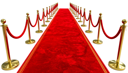 Red carpet with ropes isolated on transparent background.