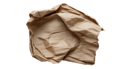 A crumpled brown paper bag with textured folds and creases isolated on transparent background