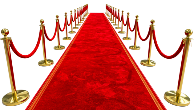 Red carpet with ropes isolated on transparent background.
