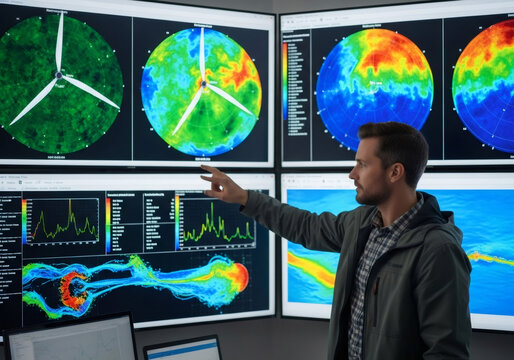 Man pointing at wind turbine data on multiple screens in a control room for renewable energy management and analysis.